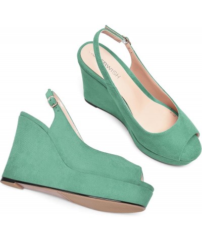 Womens Buckle Peep Toe Fashion Suede Sexy Evening Slingback Wedge High Heel Pumps Shoes 4 Inch Cyan $42.90 Pumps