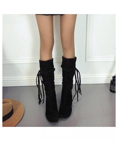 Womens Lace Up Knee High Boots Flat Warm Winter Boots Fashion Boots Women's High Toe Tassel Increased Inner boots Black $19.3...