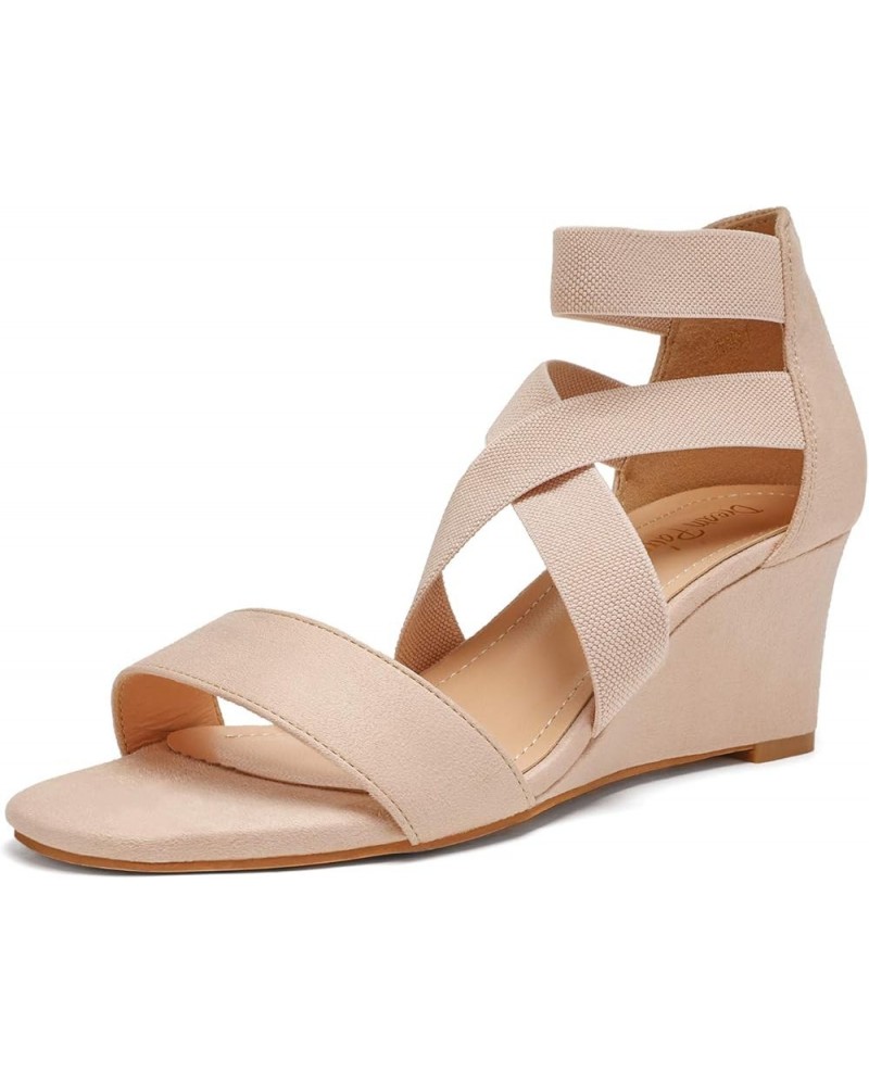 Women's Elastic Ankle Strap Low Wedge Sandals Nude $19.46 Sandals