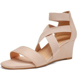 Women's Elastic Ankle Strap Low Wedge Sandals Nude $19.46 Sandals