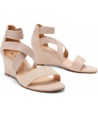 Women's Elastic Ankle Strap Low Wedge Sandals Nude $19.46 Sandals