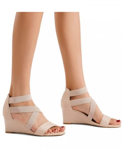 Women's Elastic Ankle Strap Low Wedge Sandals Nude $19.46 Sandals