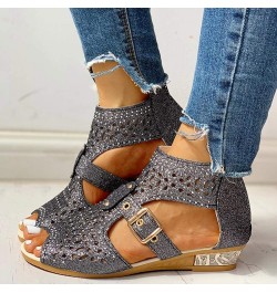 Women Square Heels Sandals Wedges Ankle Sandals Rhinestone Sandals Slip Platform Wedge Loafer Multicolor Espadrilles Multicol...