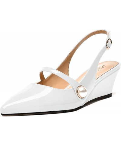 Womens Buckle Fashion Slingback Pointed Toe Evening Patent Wedge Low Heel Pumps Shoes 2 Inch White $42.99 Pumps