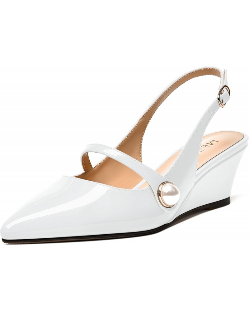 Womens Buckle Fashion Slingback Pointed Toe Evening Patent Wedge Low Heel Pumps Shoes 2 Inch White $42.99 Pumps