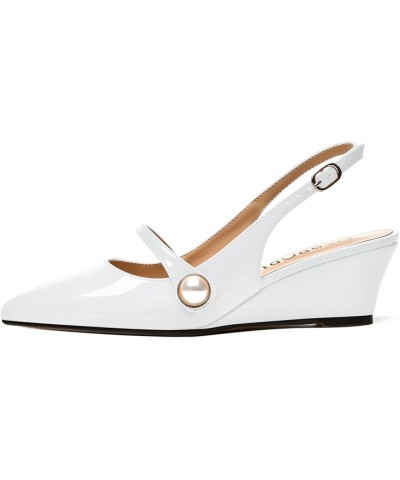 Womens Buckle Fashion Slingback Pointed Toe Evening Patent Wedge Low Heel Pumps Shoes 2 Inch White $42.99 Pumps