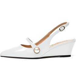 Womens Buckle Fashion Slingback Pointed Toe Evening Patent Wedge Low Heel Pumps Shoes 2 Inch White $42.99 Pumps