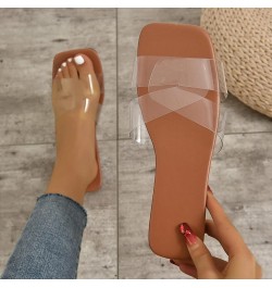 Breathable Square Open Toe Sandal for Women Dressy Lightweight Slip On Transparent Upper Solid Color Simple Style (Brown, 8) ...