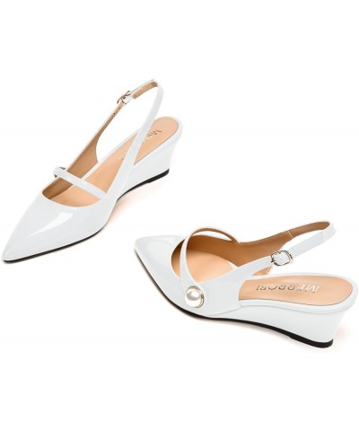 Womens Buckle Fashion Slingback Pointed Toe Evening Patent Wedge Low Heel Pumps Shoes 2 Inch White $42.99 Pumps