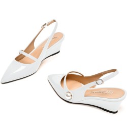 Womens Buckle Fashion Slingback Pointed Toe Evening Patent Wedge Low Heel Pumps Shoes 2 Inch White $42.99 Pumps