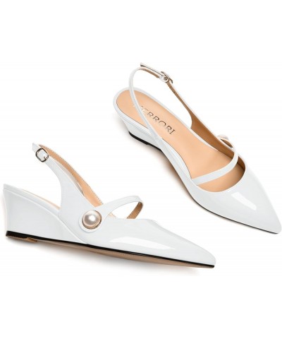 Womens Buckle Fashion Slingback Pointed Toe Evening Patent Wedge Low Heel Pumps Shoes 2 Inch White $42.99 Pumps