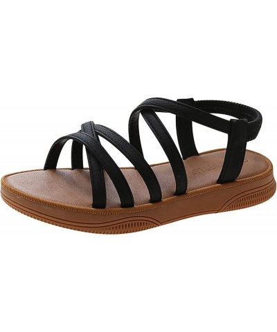 Women'S Flat Sandals Summer Round Toe Open Toe Comfortable With Sleeve Women'S Roman Leather Flip Flop Sandals Black $22.78 S...