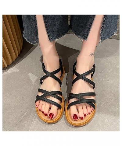 Women'S Flat Sandals Summer Round Toe Open Toe Comfortable With Sleeve Women'S Roman Leather Flip Flop Sandals Black $22.78 S...