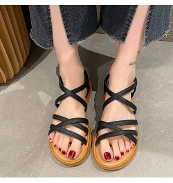 Women'S Flat Sandals Summer Round Toe Open Toe Comfortable With Sleeve Women'S Roman Leather Flip Flop Sandals Black $22.78 S...