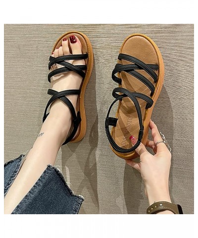 Women'S Flat Sandals Summer Round Toe Open Toe Comfortable With Sleeve Women'S Roman Leather Flip Flop Sandals Black $22.78 S...