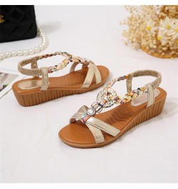 Roman Sandals Fashion Bohemian Summer Leather Knitted Rhinestone Decoration Wedge Sandals Elastic Strap Sandals for Women Fla...