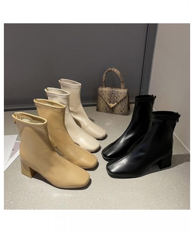 Women's Winter Ankle Boots Square Toe Block Chunky Mid Heels Leather Zip Fur Lining Warm Short Booties Warm/Apricot $27.02 Boots