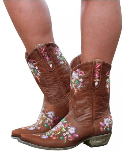 Cowgirl Boots Women Flower Embroidery Western Ankle Boots with Comfortable Soft Synthetic Lining Mid Calf Boots White $25.84 ...