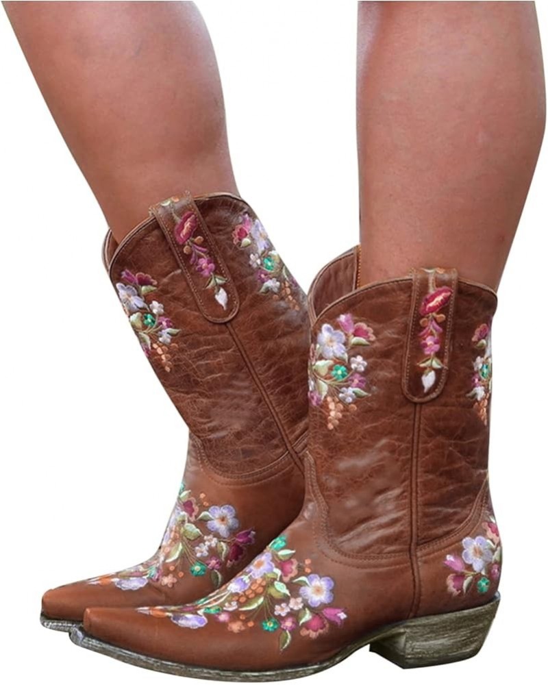 Cowgirl Boots Women Flower Embroidery Western Ankle Boots with Comfortable Soft Synthetic Lining Mid Calf Boots White $25.84 ...