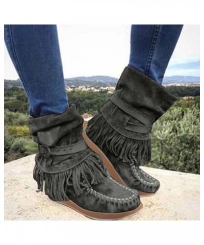 Buckle Belt Fashion Fashion Women's Retro Boots Tassel Boots women's boots Slip on Boots for Women Grey $19.38 Outdoor Shoes