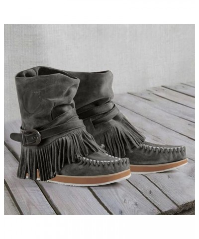 Buckle Belt Fashion Fashion Women's Retro Boots Tassel Boots women's boots Slip on Boots for Women Grey $19.38 Outdoor Shoes