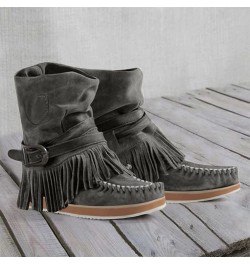 Buckle Belt Fashion Fashion Women's Retro Boots Tassel Boots women's boots Slip on Boots for Women Grey $19.38 Outdoor Shoes