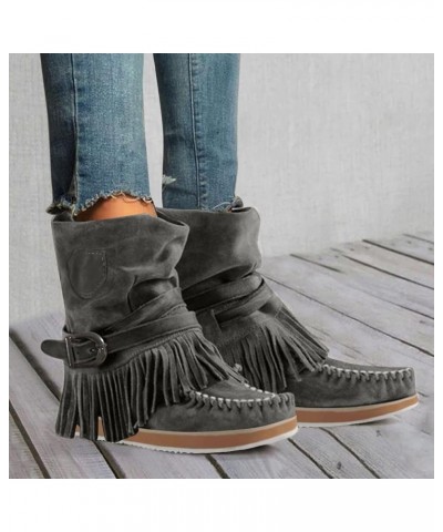 Buckle Belt Fashion Fashion Women's Retro Boots Tassel Boots women's boots Slip on Boots for Women Grey $19.38 Outdoor Shoes