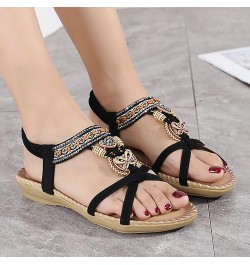 Fashion Women Casual Open Toe Flat Rhinestone Comfortable Soft Bottom Breathable Elastic Thong Sandals Heels for Black 7 $15....