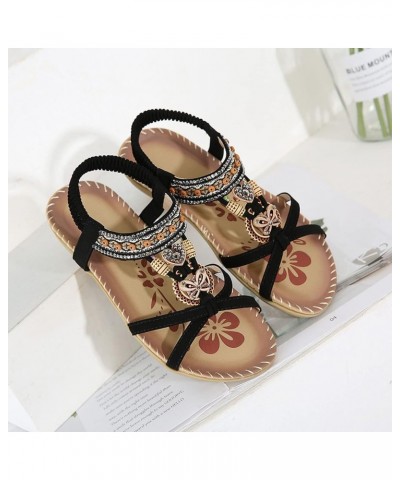 Fashion Women Casual Open Toe Flat Rhinestone Comfortable Soft Bottom Breathable Elastic Thong Sandals Heels for Black 7 $15....