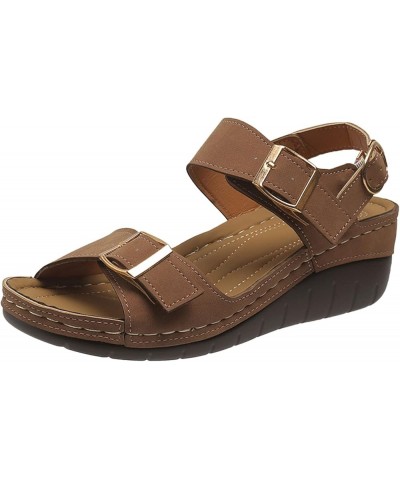 Ladies Fashion Summer Vintage Solid Leather Open Toe Buckle Thick Sole Sandals Womens Slipper Sandals Size 6 Brown $16.11 San...