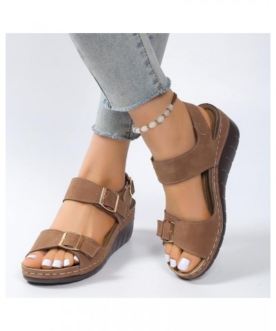 Ladies Fashion Summer Vintage Solid Leather Open Toe Buckle Thick Sole Sandals Womens Slipper Sandals Size 6 Brown $16.11 San...