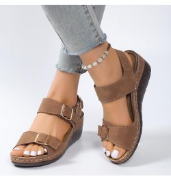 Ladies Fashion Summer Vintage Solid Leather Open Toe Buckle Thick Sole Sandals Womens Slipper Sandals Size 6 Brown $16.11 San...