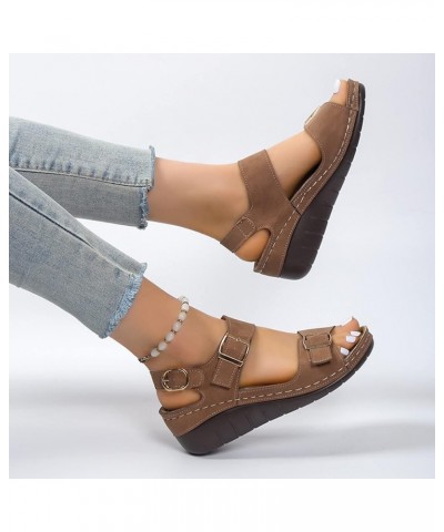 Ladies Fashion Summer Vintage Solid Leather Open Toe Buckle Thick Sole Sandals Womens Slipper Sandals Size 6 Brown $16.11 San...