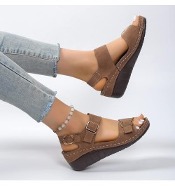 Ladies Fashion Summer Vintage Solid Leather Open Toe Buckle Thick Sole Sandals Womens Slipper Sandals Size 6 Brown $16.11 San...