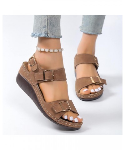 Ladies Fashion Summer Vintage Solid Leather Open Toe Buckle Thick Sole Sandals Womens Slipper Sandals Size 6 Brown $16.11 San...