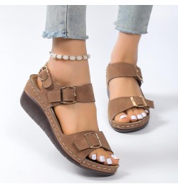 Ladies Fashion Summer Vintage Solid Leather Open Toe Buckle Thick Sole Sandals Womens Slipper Sandals Size 6 Brown $16.11 San...