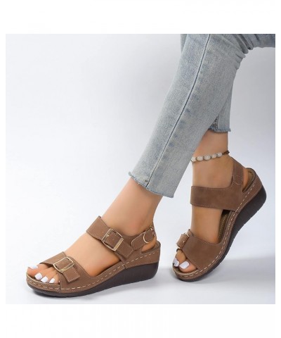 Ladies Fashion Summer Vintage Solid Leather Open Toe Buckle Thick Sole Sandals Womens Slipper Sandals Size 6 Brown $16.11 San...