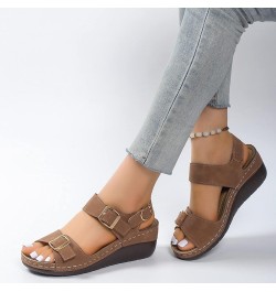 Ladies Fashion Summer Vintage Solid Leather Open Toe Buckle Thick Sole Sandals Womens Slipper Sandals Size 6 Brown $16.11 San...