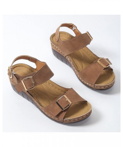 Ladies Fashion Summer Vintage Solid Leather Open Toe Buckle Thick Sole Sandals Womens Slipper Sandals Size 6 Brown $16.11 San...