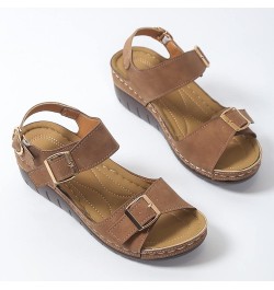 Ladies Fashion Summer Vintage Solid Leather Open Toe Buckle Thick Sole Sandals Womens Slipper Sandals Size 6 Brown $16.11 San...