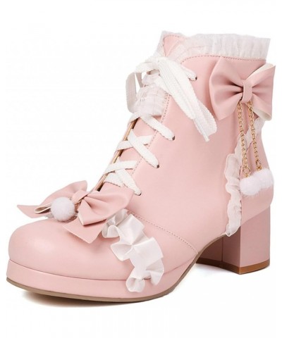 Women Cute Lolita Boots Chunky Mid Heel Ankle Boots with Bow Platform Lace Up Booties with Pearl Pink-1 $30.78 Boots