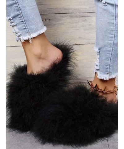 Women's Fluffy Faux Fur Slip On Flat Sandal Furry Fuzzy Slippers Gata-01 Black $13.34 Slippers