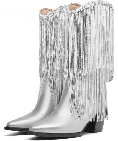 Women's Rhinestone Embellished Mid-Calf Boots, Size 5-15, Silver, Pink, Fuchsia, Black Silver $35.49 Boots