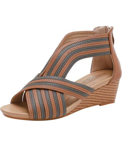 Sandals Women Wedge Dressy Summer Fashion Ladies Open Toe Wedge Sandals Back Zipper Cross Strap Bohemian Roman Sandals Brown ...