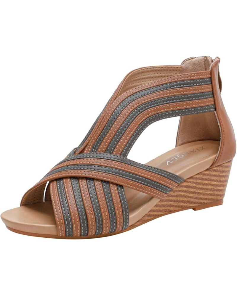 Sandals Women Wedge Dressy Summer Fashion Ladies Open Toe Wedge Sandals Back Zipper Cross Strap Bohemian Roman Sandals Brown ...