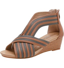 Sandals Women Wedge Dressy Summer Fashion Ladies Open Toe Wedge Sandals Back Zipper Cross Strap Bohemian Roman Sandals Brown ...