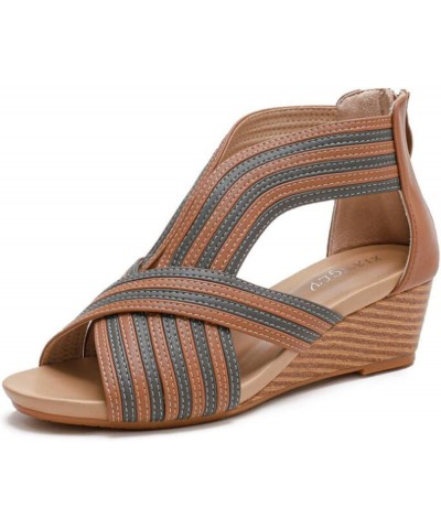 Sandals Women Wedge Dressy Summer Fashion Ladies Open Toe Wedge Sandals Back Zipper Cross Strap Bohemian Roman Sandals Brown ...