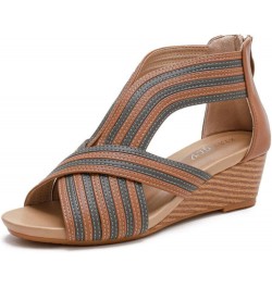 Sandals Women Wedge Dressy Summer Fashion Ladies Open Toe Wedge Sandals Back Zipper Cross Strap Bohemian Roman Sandals Brown ...