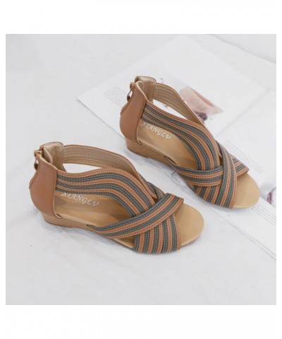 Sandals Women Wedge Dressy Summer Fashion Ladies Open Toe Wedge Sandals Back Zipper Cross Strap Bohemian Roman Sandals Brown ...