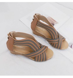 Sandals Women Wedge Dressy Summer Fashion Ladies Open Toe Wedge Sandals Back Zipper Cross Strap Bohemian Roman Sandals Brown ...